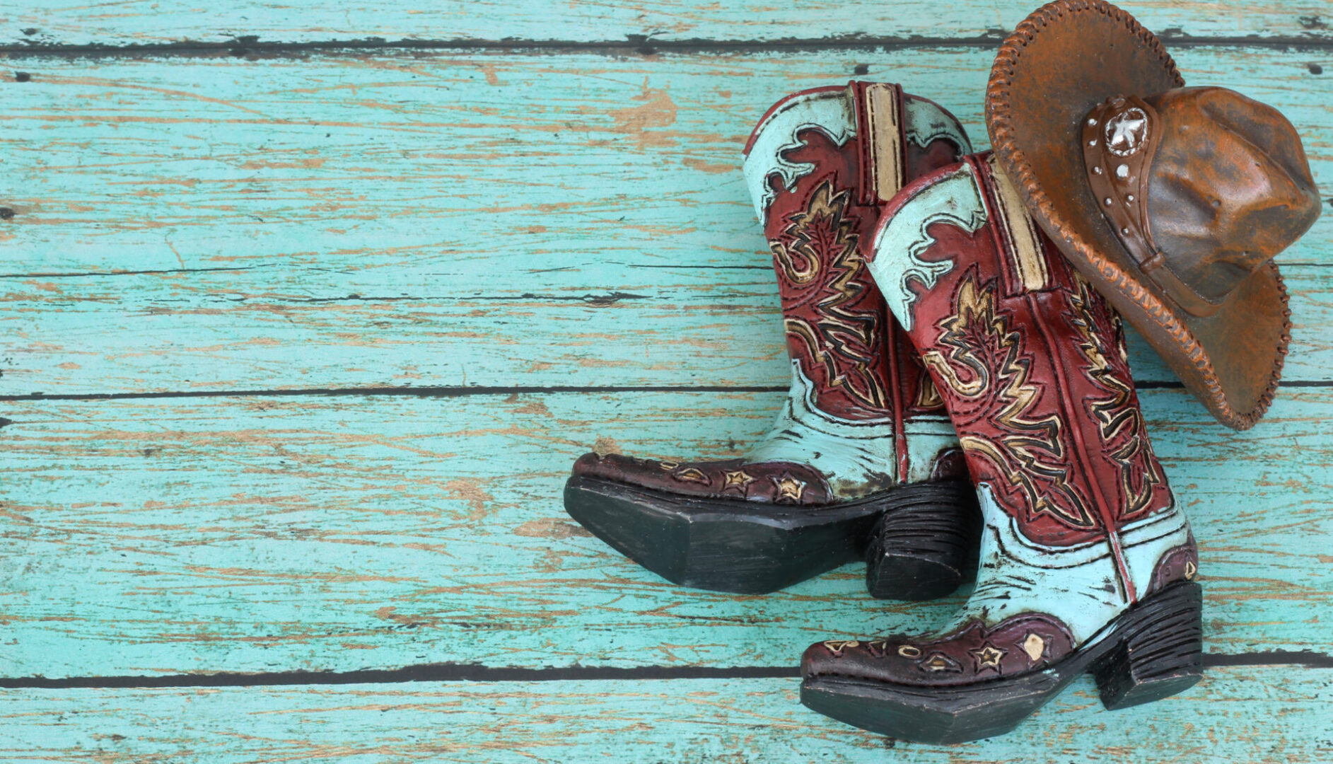 Teal,And,Burnt,Red,Cowboy,Boots,And,Hat,On,A